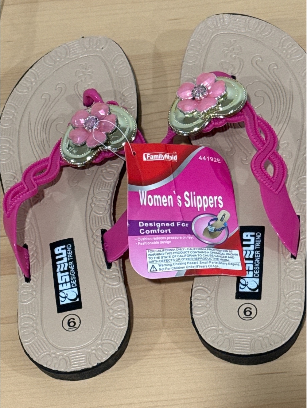 FamilyMaid Women's Pink Floral Heart Slippers Size 6